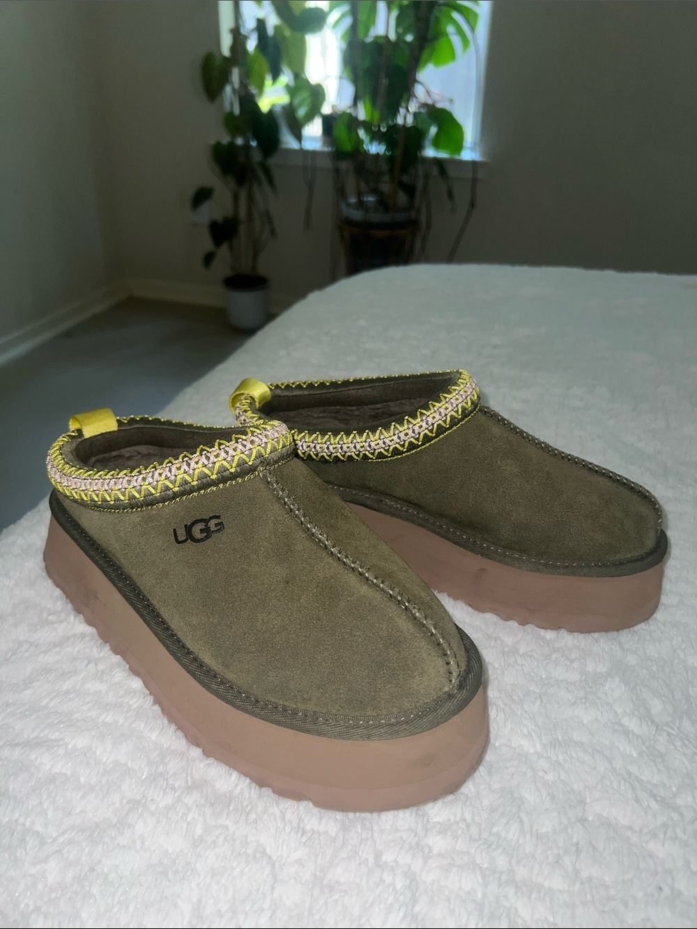 UGG Olive Suede Platform Clogs with Pink and Yellow Trim